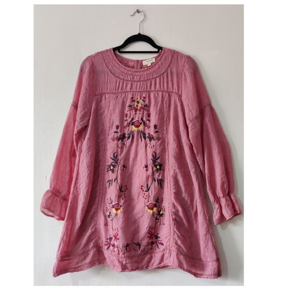 Umgee Embroidered Boho Mini Dress Size L Pink Mauve Long Sleeve Gauzy‎ Tunic